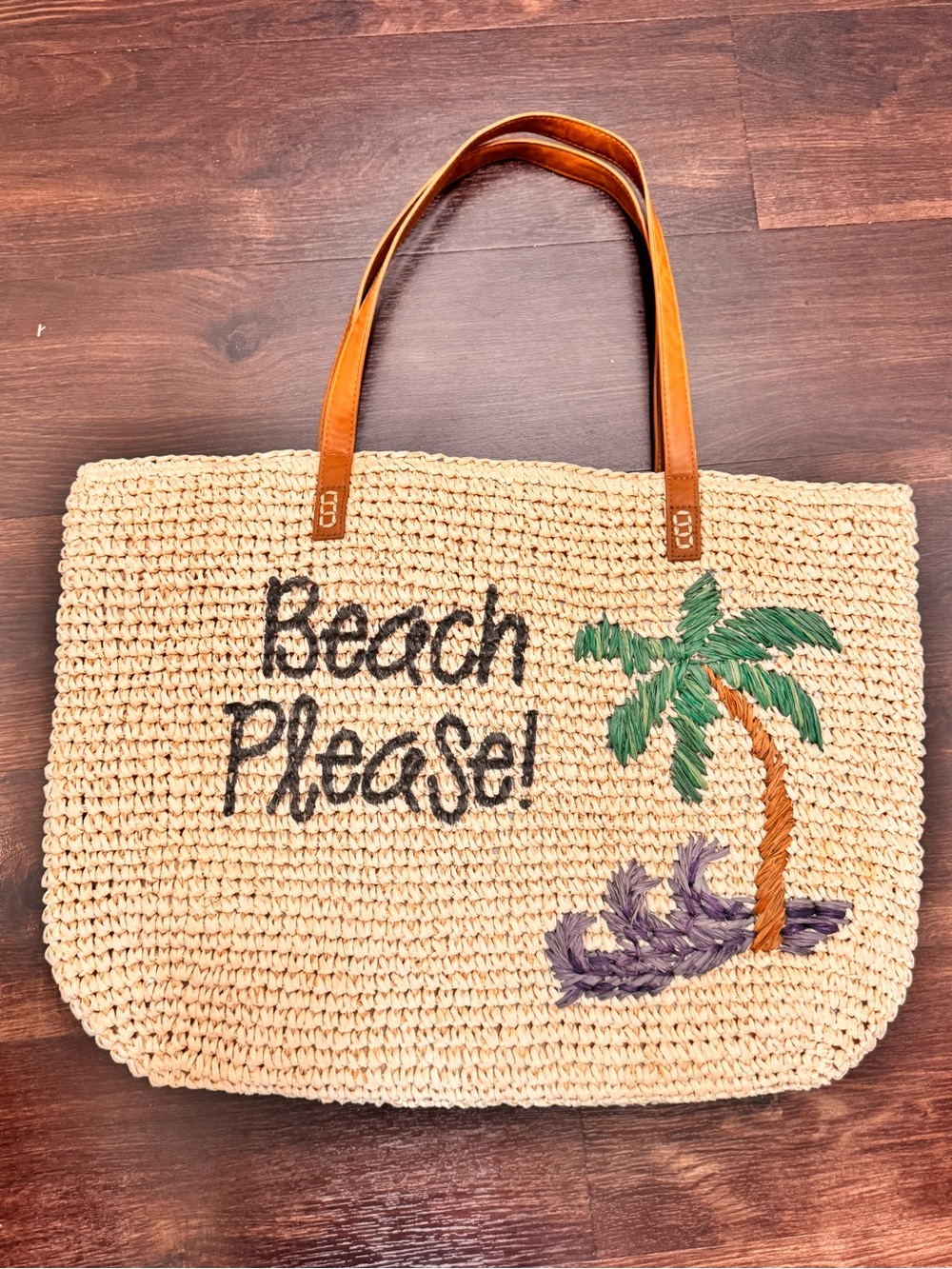 Nordstrom Natural Straw Tote with Palm Embroidery and Tan Handles